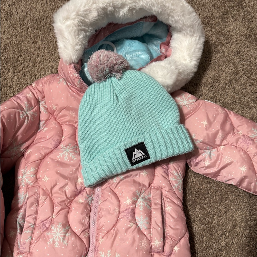 Snozu Pink Snowflake Puffer Jacket with Fur Hood - Picture 2 of 5